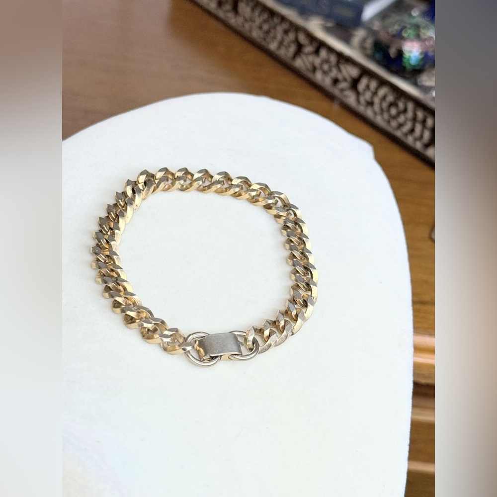 Vintage Gold Tone Cuban Link Bracelet Flat Curb Chain 8” Unisex Jewelry